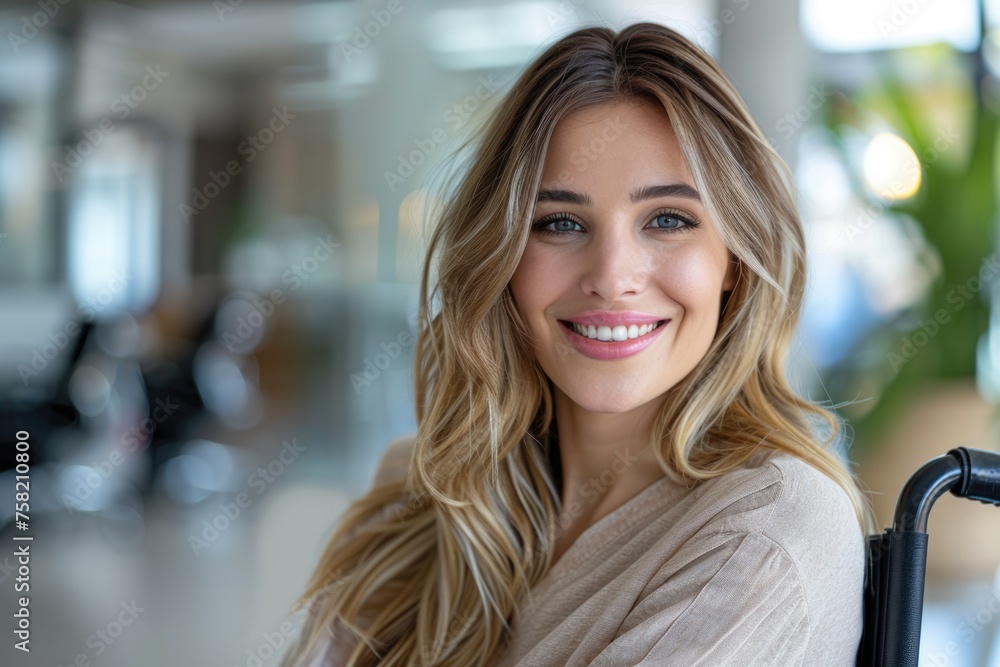 Smiling young woman in wheelchair, at work in the office, free space. ai generated Smiling young woman in wheelchair, at work in the office, free space. ai generated
