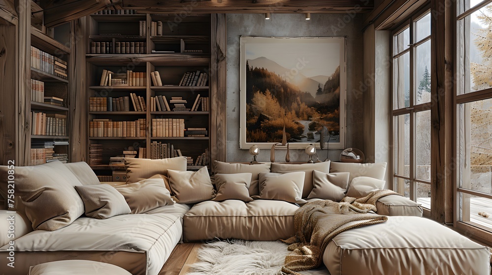 Modern living room decorated with wooden elements, with bookcases