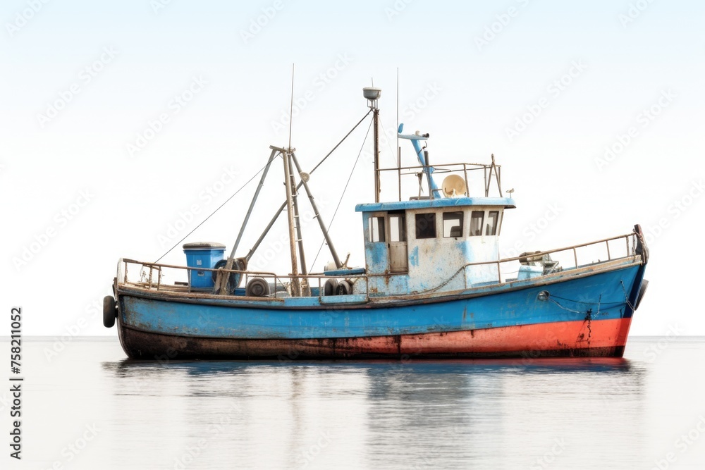 A blue and red boat floating on calm water. Perfect for travel or transportation concepts