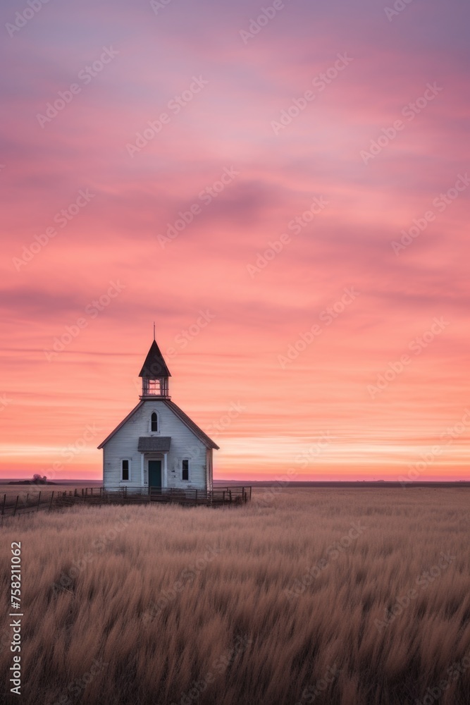 Small white church surrounded by tall grass, suitable for religious or rural themes