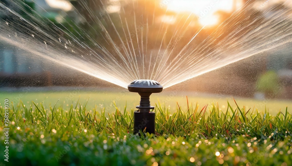 Efficient Garden Care: Automatic Lawn Sprinkler System Conserving Water and Nourishing Green Grass" - obrazy, fototapety, plakaty 