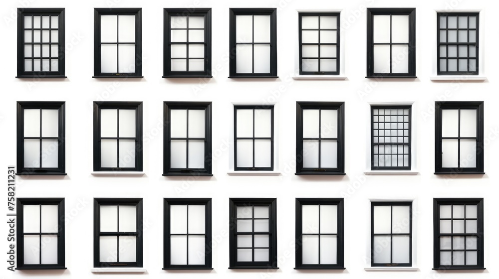 A series of black and white windows on a white wall. Suitable for architectural design projects