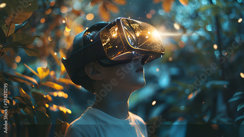 A boy wearing VR headset user, surreal world and virtual reality,