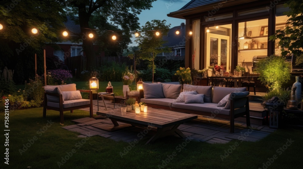 A cozy outdoor patio setup with a couch, table, chairs, and lanterns. Perfect for home decor or garden design concepts