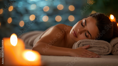 young woman lying down with her eyes closed  appearing to be in a receiving a spa treatment