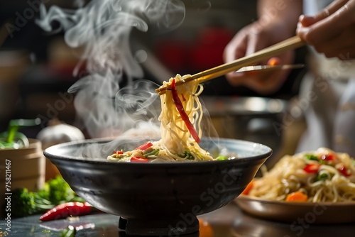 Savor the Delights of Chinese Cooking Noodles Artfully Captured in a Steaming Black Bowl
