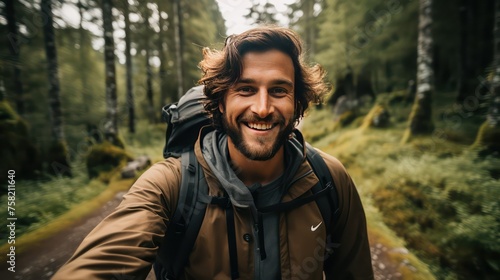 Handsome young man is hiking in the forest and smiling. © Bilal