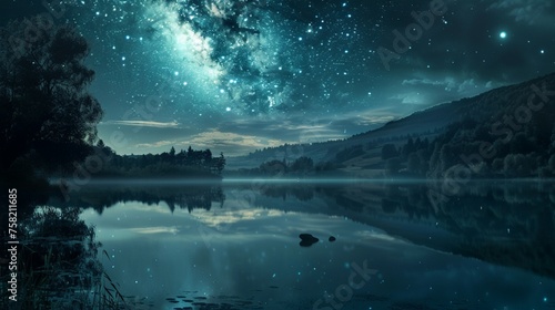 Beneath a starry sky, the moonlight casts a serene glow on a lakeside, with the water reflecting the celestial beauty above.