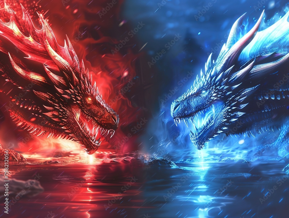 Red dragon versus blue ice and fire dragon, epic battle, fantasy art