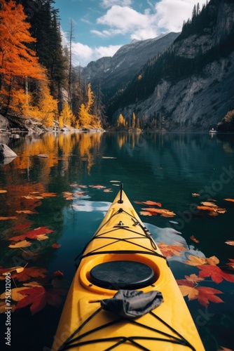 A bright yellow kayak floating on calm water. Perfect for outdoor activities © Fotograf