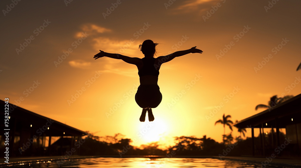 Silhouette female athletic somersault in swimming pool