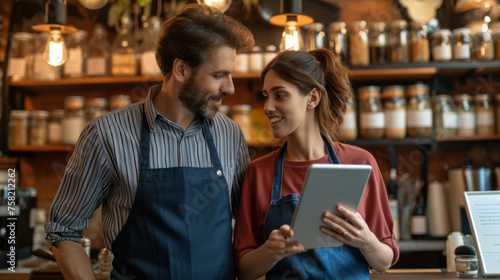 man and a woman, both wearing aprons and engaged in a discussion with a tablet and a smartphone in their hands