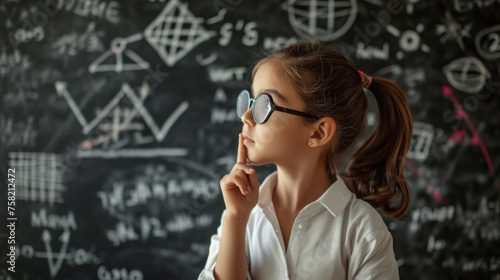 thoughtful young student standing in front of a blackboard filled with complex scientific formulas