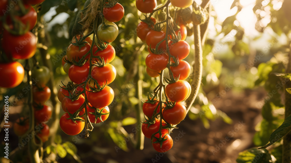 Tomatoes Grown Organically on Sunny Farm Bushes - obrazy, fototapety, plakaty 
