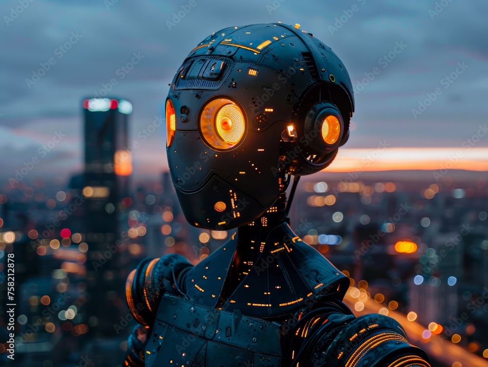 A robot with glowing eyes stands in front of a city skyline. The robot is surrounded by a cityscape with tall buildings and lights, creating a futuristic and technological atmosphere - obrazy, fototapety, plakaty 
