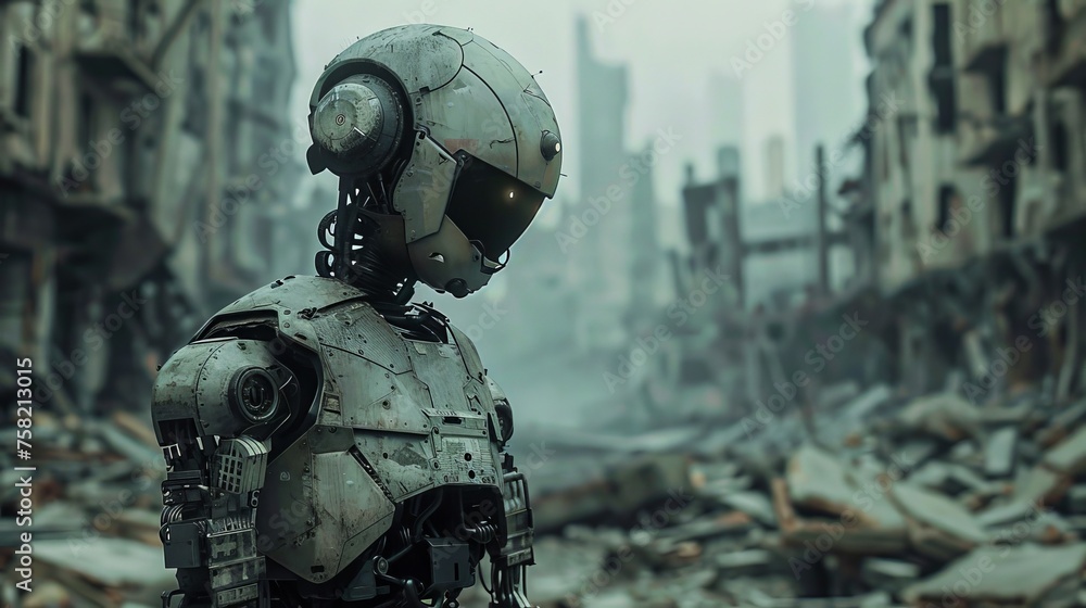 A robot is standing in a destroyed city. The robot is wearing a helmet and has a serious expression on its face. The scene is dark and desolate, with rubble and debris scattered throughout the area