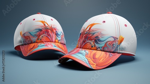 Baseball caps with vibrant designs, perfect for sports events or casual outings photo
