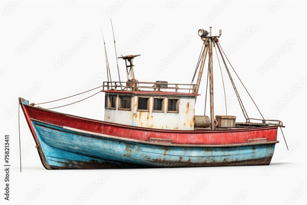 A rusted boat resting on a white surface. Ideal for travel and transportation concepts
