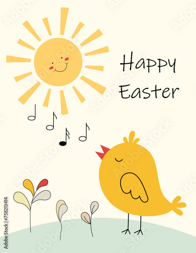 Happy easter. Postcard. Cute chicken, sun, flowers. Color vector illustration.