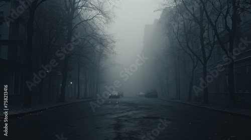 A foggy street with parked cars, suitable for urban and transportation themes