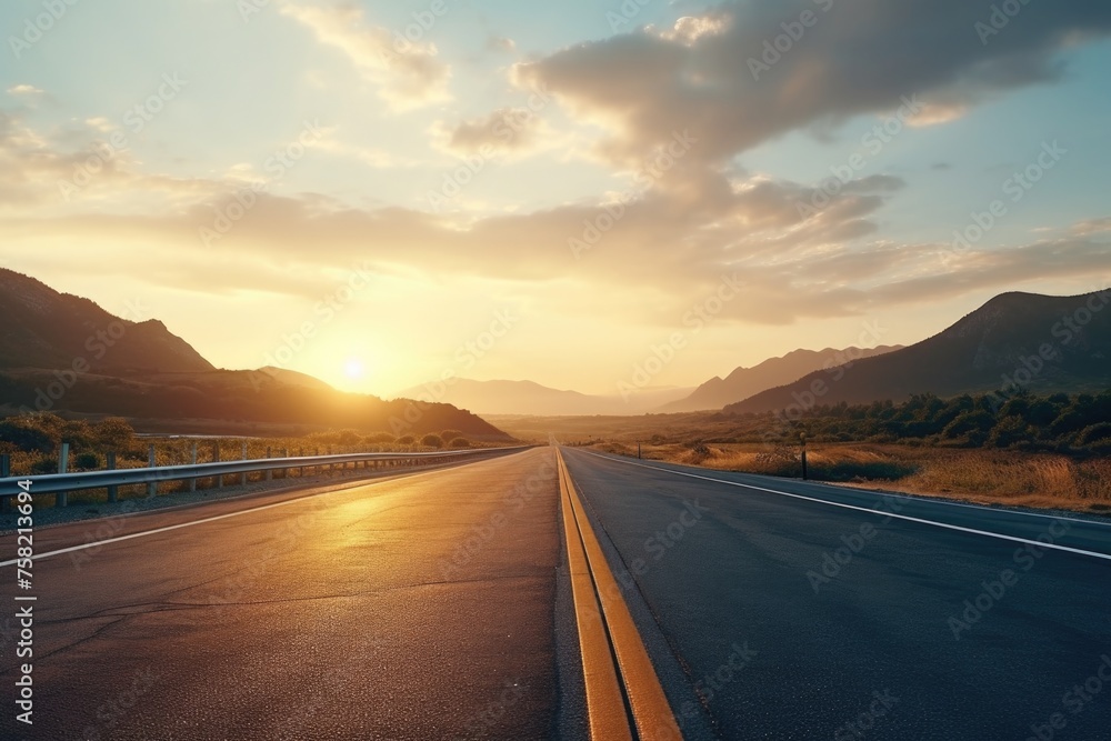 Scenic view of sunset over mountains on a highway, perfect for travel websites or nature blogs