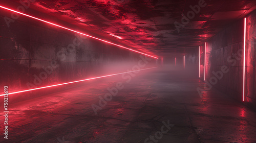3D illustration of a dark underground garage with a red neon laser line glowing on concrete walls and floor creating a smoke fog effect