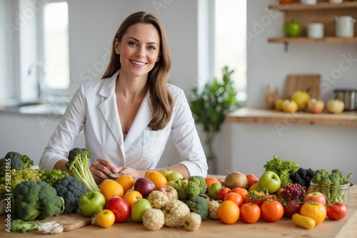 Female nutritionist with fruit and vegetables on table. Beautiful nutritionist smiling at camera. 