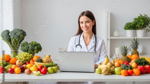 Young female nutritionist young doctor writing diet plan on laptop. Right nutrition and slimming concept