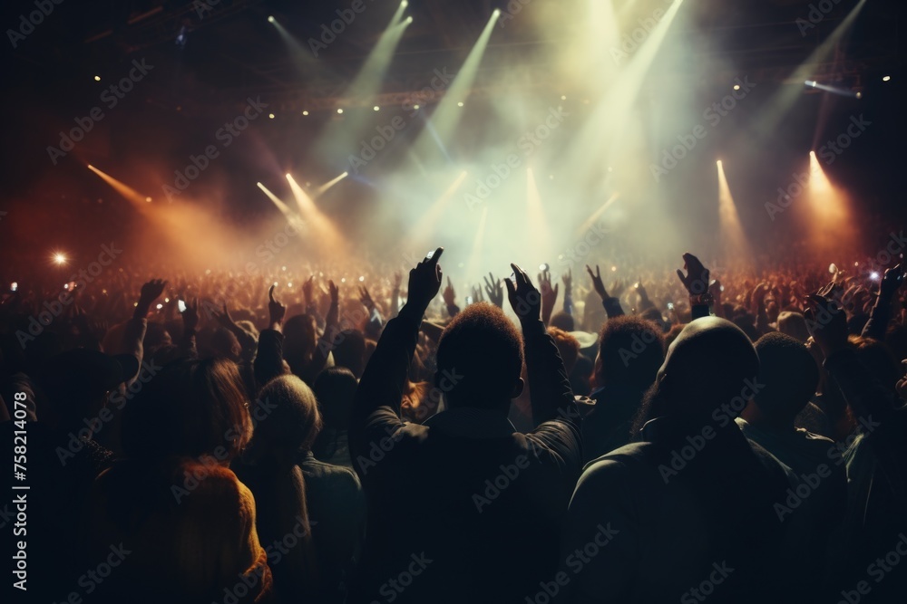 A lively concert crowd with hands in the air. Perfect for music events promotion - obrazy, fototapety, plakaty 