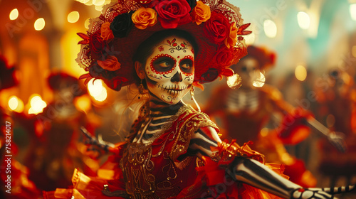 Woman in traditional Dia de los Muertos attire with sugar skull makeup