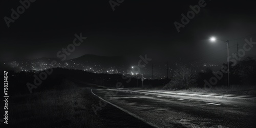 A black and white photo of a street at night. Suitable for urban themes