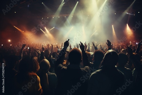 A lively concert crowd with hands in the air. Perfect for music events promotion photo