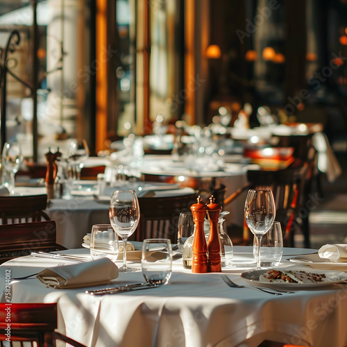 Restaurant with Tables Prepared for Dining generative ai