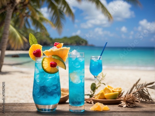 Three Tropical blue lagoon cocktail with blurred beach background and space for text placement