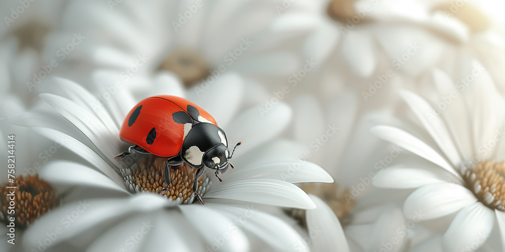 Obraz premium Marienkäferherrgottskäfer, insecta, natur, blume, badgered, frühling, daisy, sommer, blatt, käfer, vektor, makro, gras, abbildung, pflanze, rot, tier, garden, schönheit, frau, close und Gänseblümchen