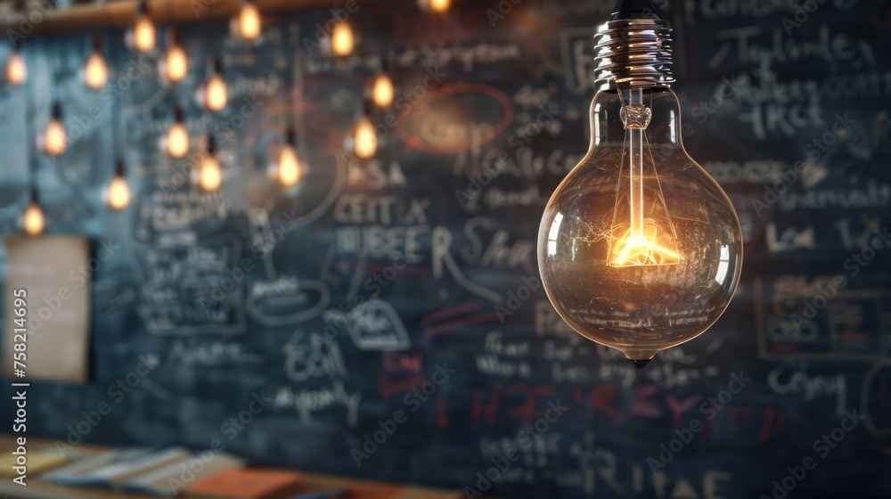Light bulb hanging in front of chalkboard, perfect for educational presentations - obrazy, fototapety, plakaty 