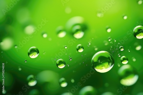 Clear water droplets on vibrant green surface, suitable for nature or environmental concepts