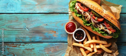 Top view of traditional sandwich and french fries on wooden table with copy space