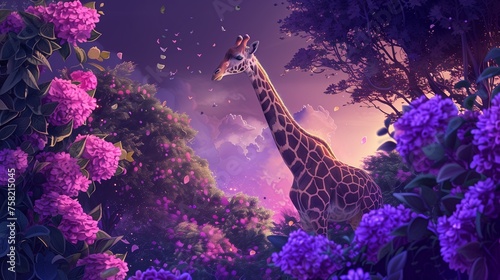 image featuring a giraffe surrounded by flowers, inspired by the artistic style of Arne Thun.
