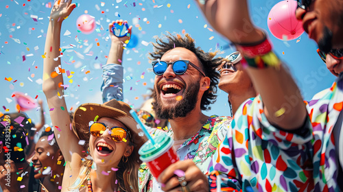 A lively group of diverse individuals joyously celebrating, throwing colorful confetti into the air