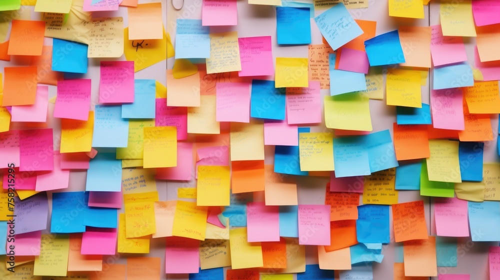 Colorful post it notes hanging on a wall, ideal for office or organization concepts