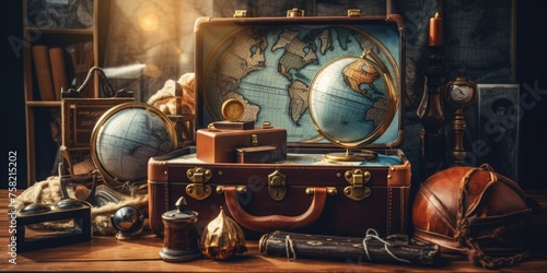 A globe inside a suitcase on a table, ideal for travel concepts