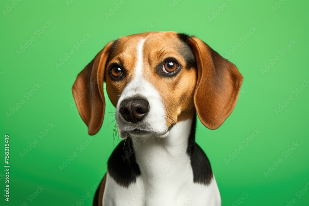 A cute brown and white dog posing on a vibrant green background. Suitable for pet-related designs