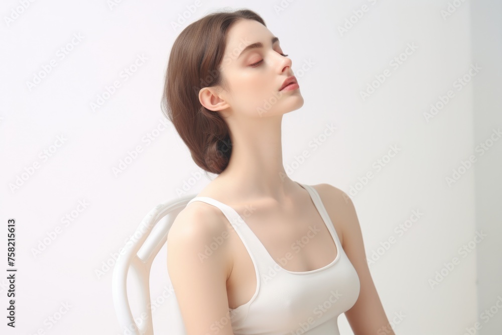A woman sitting in a chair with her eyes closed. Suitable for relaxation or meditation concept A woman sitting in a chair with her eyes closed. Suitable for relaxation or meditation concept