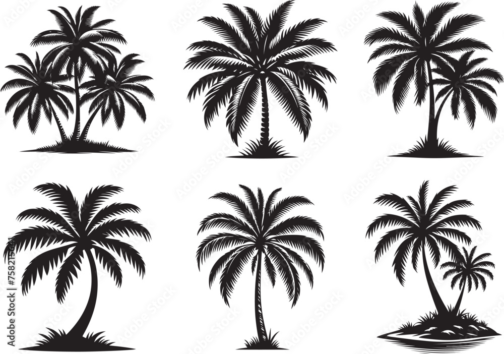 Coconut tree silhouette vector illustration set