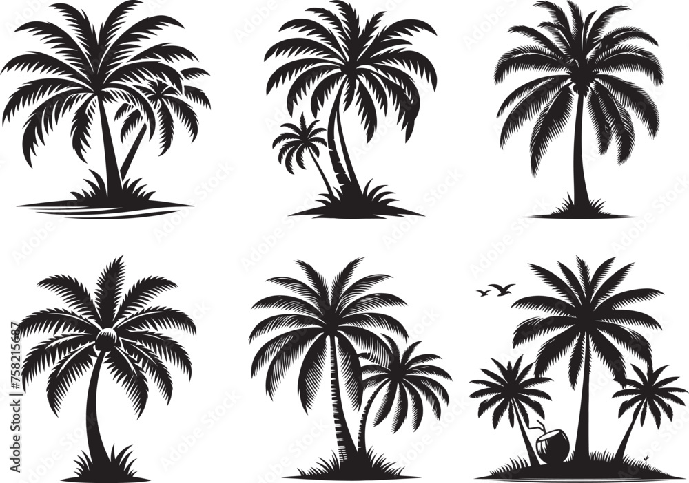 Coconut tree silhouette vector illustration set