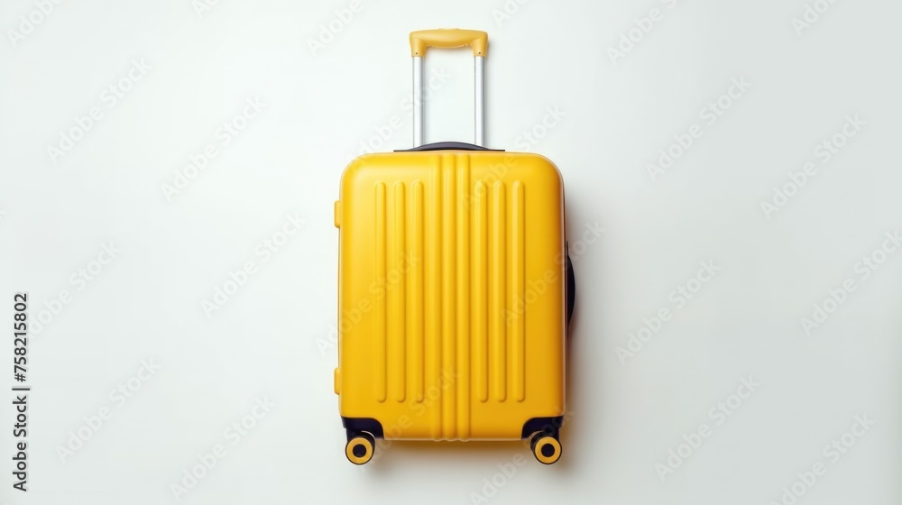 Yellow suitcase placed on a white surface, ideal for travel concepts Yellow suitcase placed on a white surface, ideal for travel concepts