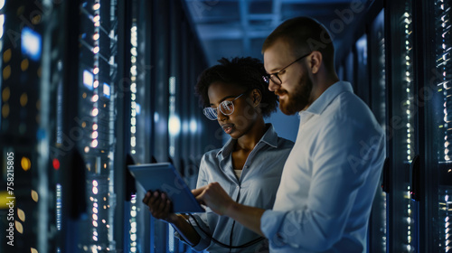 Male and a female IT professional in a data center, with the woman holding a tablet and the man observing, likely collaborating on a task. photo