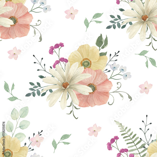 Watercolor seamless pattern with flowers . Hand drawn flortal illustration on white background