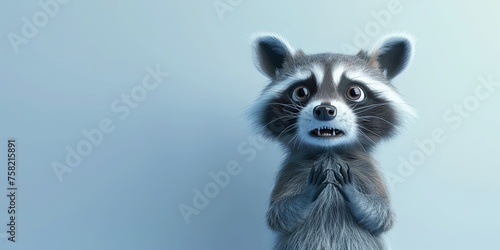 3D cartoon a small raccoon scared on a light blue background. Copy space. Banner